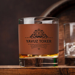  - Premium Tasarımlı İsimli Taba Deri Kaplı Viski Bardağı