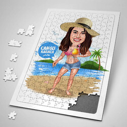  - Tatildeki Şapkalı Kız Karikatürlü Puzzle