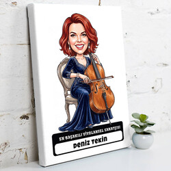  - Viyolonsel Sanatçısı Müzisyen Kadın Karikatürlü Kanvas Tablo