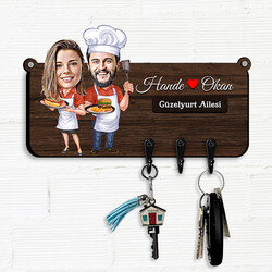 - Yemek Yapmayı Seven Çiftler Karikatürlü Anahtar Askısı